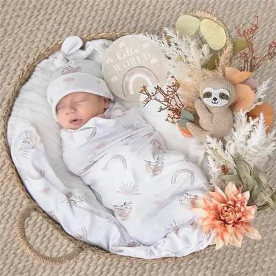 Living Textiles - Baby Gift Set, Hello World, Premium Cotton Jersey Swaddle and Beanie, Rainbow Sloth Image 1