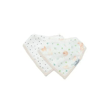 Bib set featuring two muslin bibs: one with a bunny pattern and the other with black polka dots.