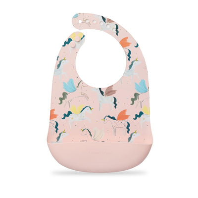 Silicone bib featuring a whimsical unicorn ballet design in pastel colors, suitable for young children.