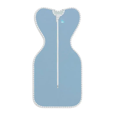 Dusty blue infant swaddle with a front zipper and striped trim, designed for comfort and secure sleep.
