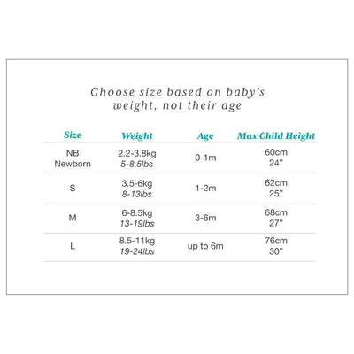 Size guide for Love To Dream Dusty Blue Swaddle Up: includes weight, age, and max child height for NB, S, M, and L sizes.