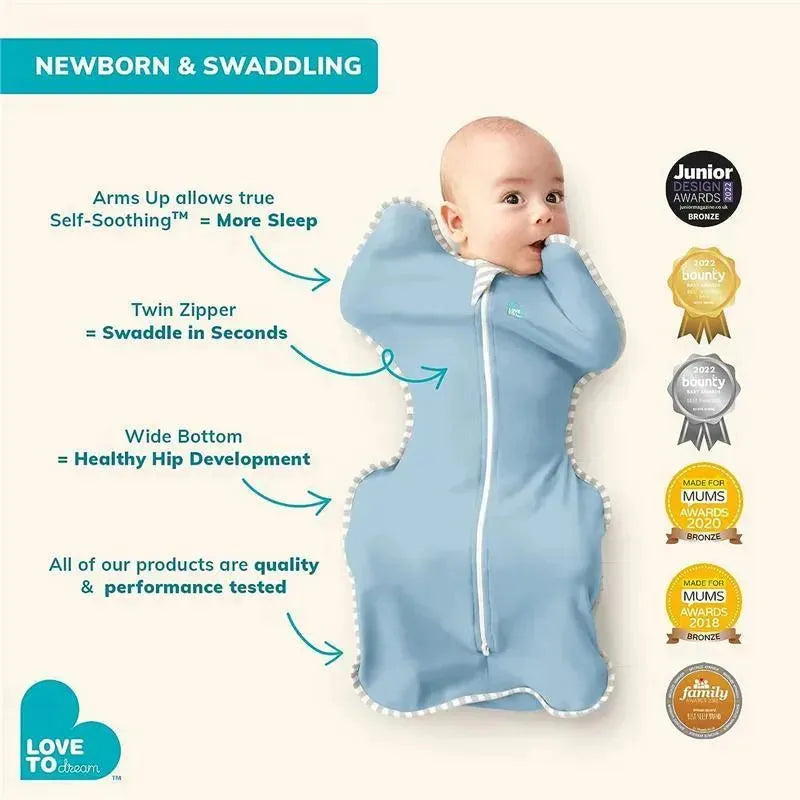 Dusty pink swaddle with a twin zipper, featuring a baby swaddled inside, highlighting self-soothing and hip development.