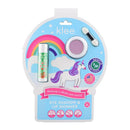LunaStar Klee Eye Shadow and Lip Shimmer set featuring a purple eye shadow, lip shimmer, and applicator, packaged with a unicorn design.