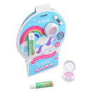 LunaStar Eye Shadow and Lip Shimmer set featuring pink eye shadow and two lip shimmer tubes, packaged in a colorful, unicorn-themed box.
