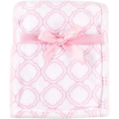 Coral fleece baby blanket in a pink lattice pattern, tied with a pink ribbon.