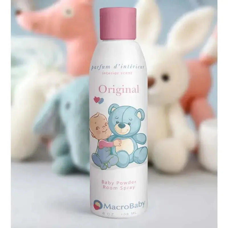 Macrobaby Baby Room Powder Spray, 6 oz, featuring a baby and a blue teddy bear on the label, with a pastel background.