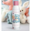 Macrobaby Baby Room Powder Spray, 6 oz, featuring a baby and a blue teddy bear on the label, with a pastel background.