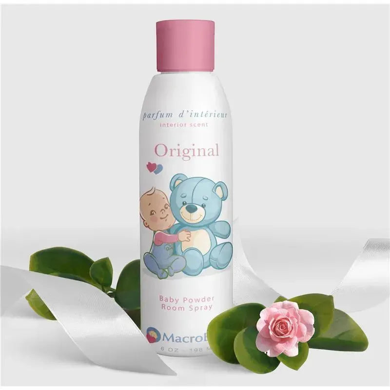 Macrobaby Baby Room Powder Spray, 6 oz, featuring a baby and teddy bear illustration, alongside green leaves and a pink flower.