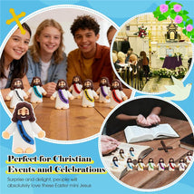 Assorted Macrobaby Little Jesus figurines displayed on a table, alongside children smiling. Ideal for Christian events.