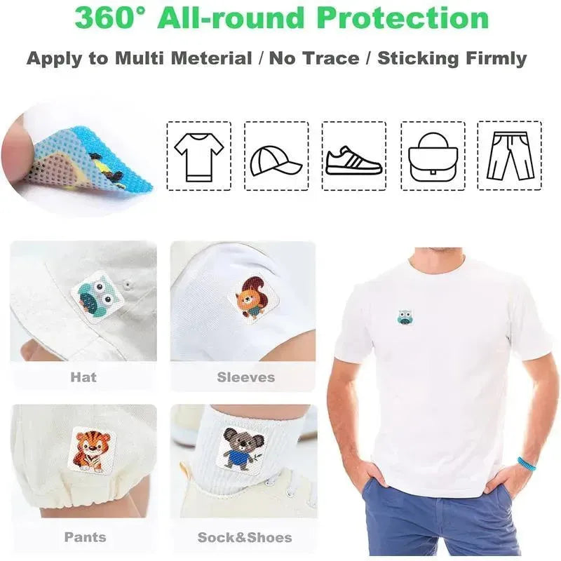 Mosquito repeller patches featuring cartoon characters, adhering to various clothing items for 360° protection.