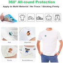 Mosquito repeller patches featuring cartoon characters, adhering to various clothing items for 360° protection.