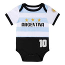Argentina-themed baby bodysuit featuring vertical light blue and white stripes, three stars, and the number 10.