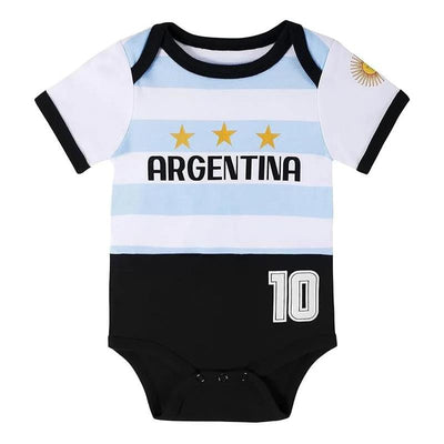 Argentina-themed baby bodysuit featuring vertical light blue and white stripes, three stars, and the number 10.