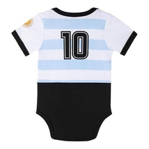 Argentina-themed baby bodysuit featuring light blue and white stripes, black bottom, and the number 10.