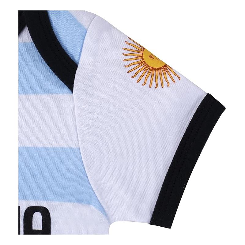 Argentina-themed baby bodysuit featuring light blue and white stripes, with black trim and a sun emblem on the shoulder.