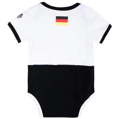 Germany-themed baby bodysuit by Macrobaby, featuring a black and white design with a small German flag on the back.