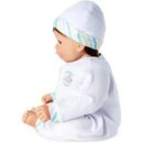 Munchkin doll with light skin tone, blue eyes, and brown hair, wearing a white outfit and a striped hat.
