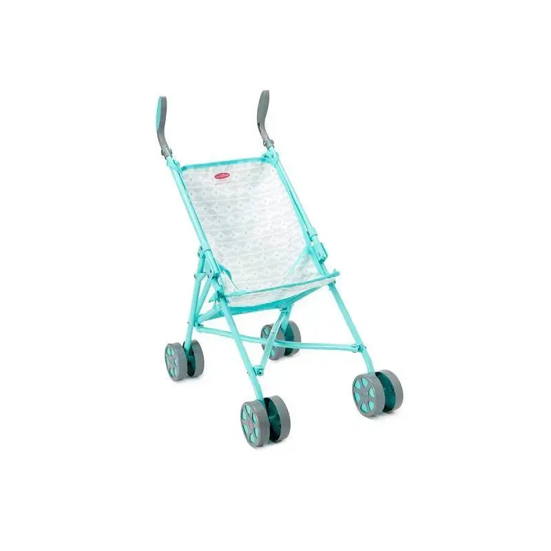Soft gray umbrella stroller for dolls, featuring a teal frame and patterned fabric seat, designed for dolls up to 18 inches.