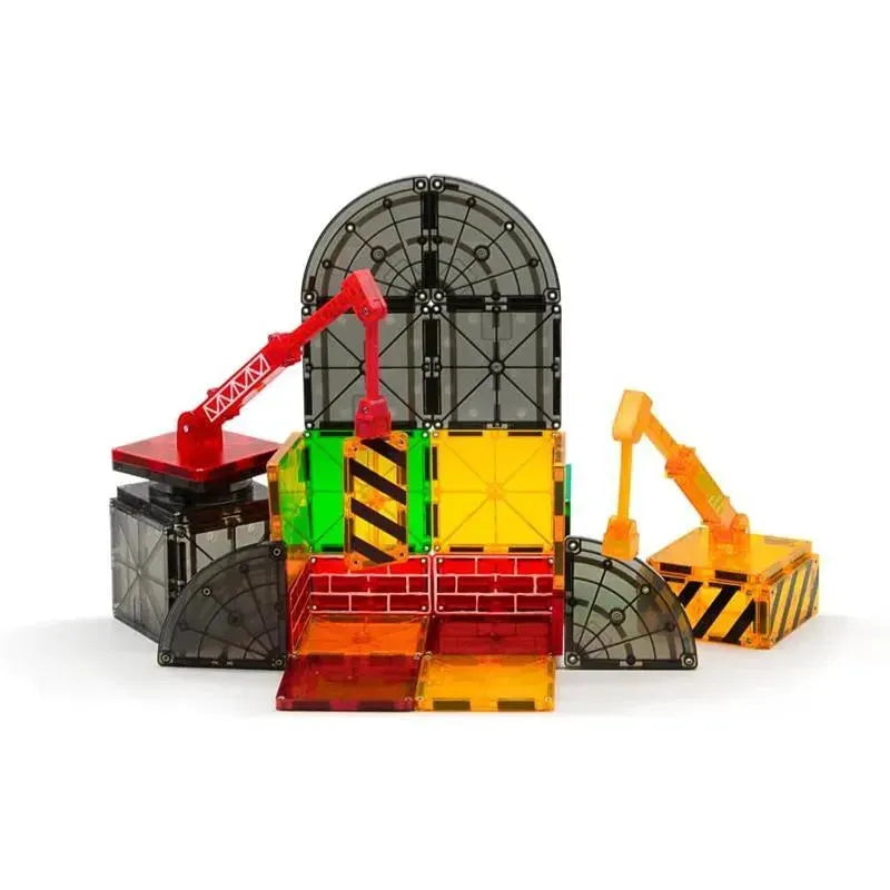 Colorful Magnatiles construction set featuring a building structure with cranes, emphasizing creativity and play.