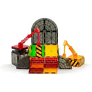 Colorful Magnatiles construction set featuring a building structure with cranes, emphasizing creativity and play.