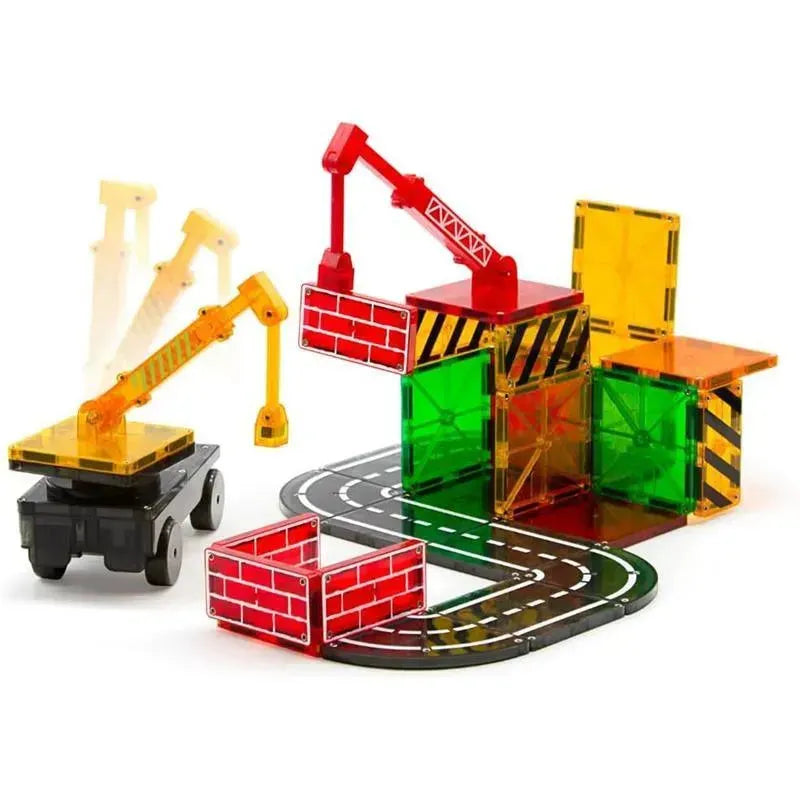 Builder 32-Piece Magnetic Construction Set with colorful tiles, cranes, and a curved road layout for creative building.
