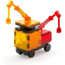 Colorful construction vehicle made with Magnatiles, featuring a black base, transparent orange and red panels, and movable cranes.
