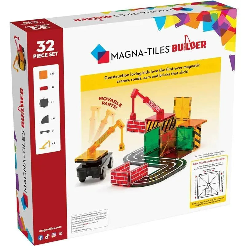 Magnatiles Builder 32-Piece Set featuring magnetic construction pieces, cranes, cars, and roads with movable parts.