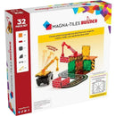 Magnatiles Builder 32-Piece Set featuring magnetic construction pieces, cranes, cars, and roads with movable parts.