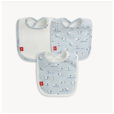 Three blue infant bibs from Magnetic Me, featuring sheep patterns and a stay-dry design, ideal for keeping babies clean.