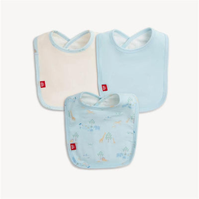Three infant bibs featuring a white, light blue, and patterned blue design with a safari theme, made of modal material.