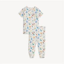 Short sleeve pajama set featuring a colorful musical instrument pattern, designed for babies, in soft modal fabric.