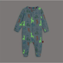 Baby blue footie featuring glowing animal patterns, including giraffes and teddy bears, designed for infants.