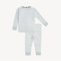 Blue striped long sleeve organic cotton pajamas for baby boys, featuring ribbed cuffs and a colorful neckline detail.