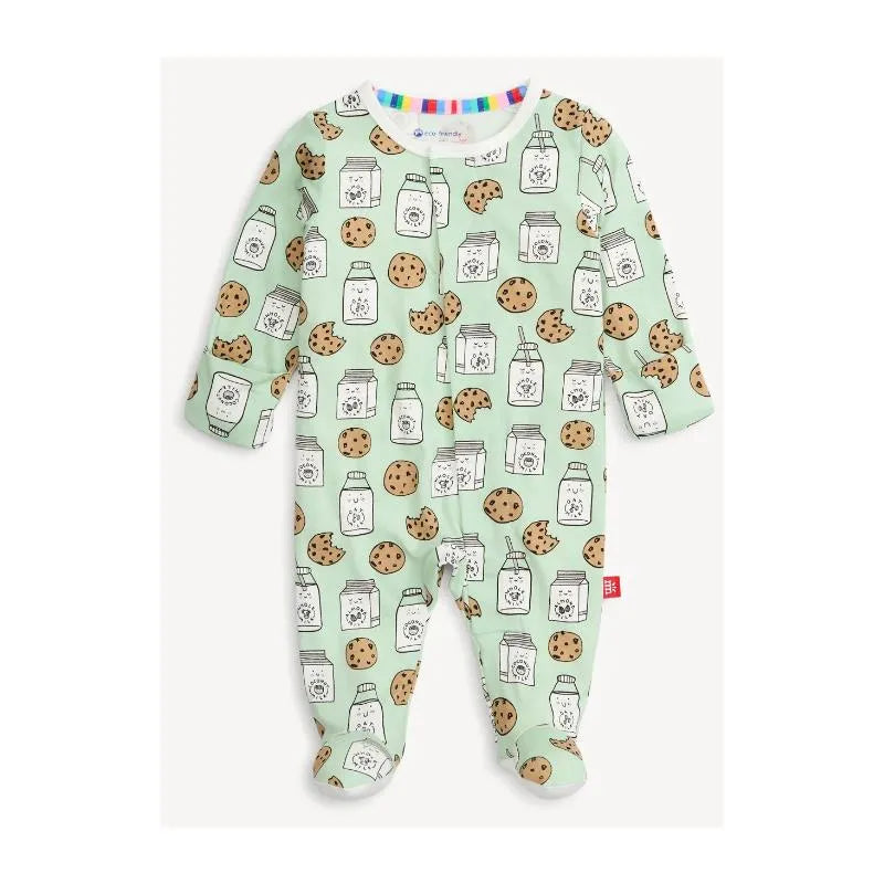 Baby footie in mint green with a cookie and milk jar print, featuring long sleeves and snap closures.