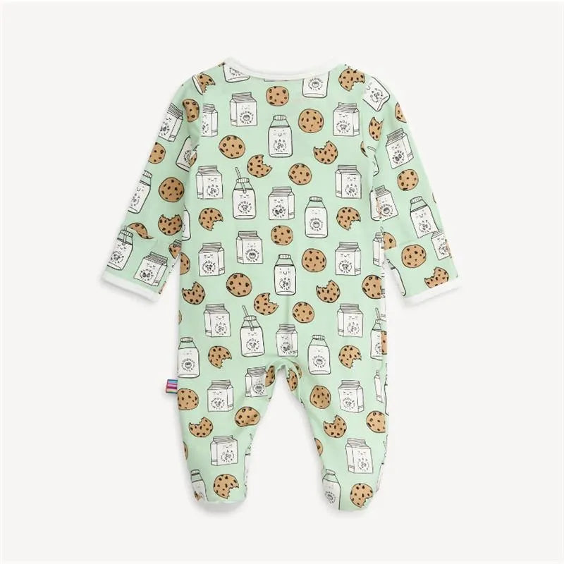 Baby footie in mint green featuring cookie and milk jar patterns, designed for comfort and style.