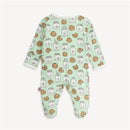 Baby footie in mint green featuring cookie and milk jar patterns, designed for comfort and style.