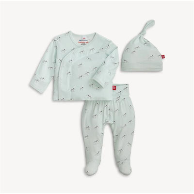 Baby neutral teal kimono set featuring a wrap-top, footed pants, and a knotted hat, all with a playful animal print.