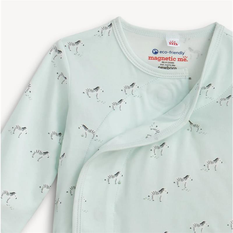 Baby neutral teal kimono from Magnetic Me, featuring a print of small black and white zebras on soft modal fabric.