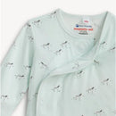 Baby neutral teal kimono from Magnetic Me, featuring a print of small black and white zebras on soft modal fabric.