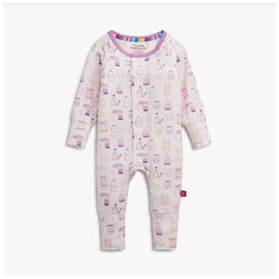 Modal convertible coverall with a playful food-themed print in pastel colors, featuring long sleeves and snap closures.