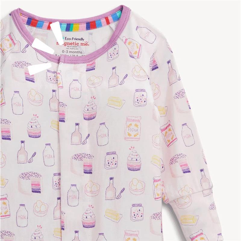 Modal convertible coverall featuring a pastel baking-themed print with bottles, eggs, and desserts, suitable for 0-3 months.