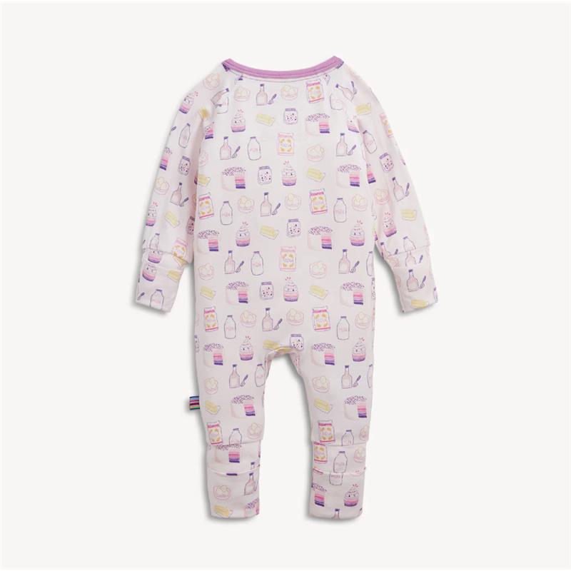 Modal convertible coverall with a playful food-themed print in pastel colors, featuring milk bottles, baked goods, and desserts.