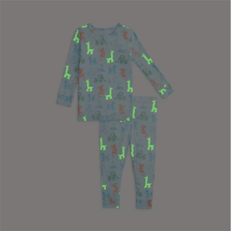 Long sleeve pajamas with blue background, featuring glow-in-the-dark party animals like giraffes and dogs.
