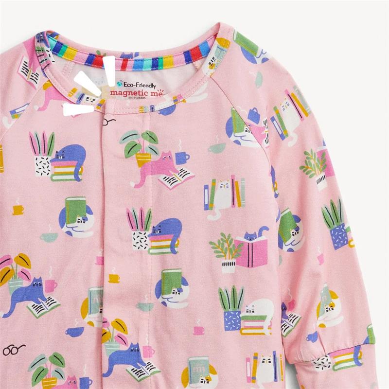Light pink, eco-friendly modal convertible coverall featuring playful cat illustrations, books, and potted plants.