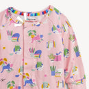 Light pink, eco-friendly modal convertible coverall featuring playful cat illustrations, books, and potted plants.
