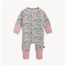 Floral-patterned baby coverall with pink cuffs, featuring a convertible design for growth.