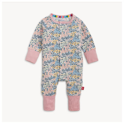 Floral-patterned baby coverall with pink cuffs, featuring a convertible design for growth.