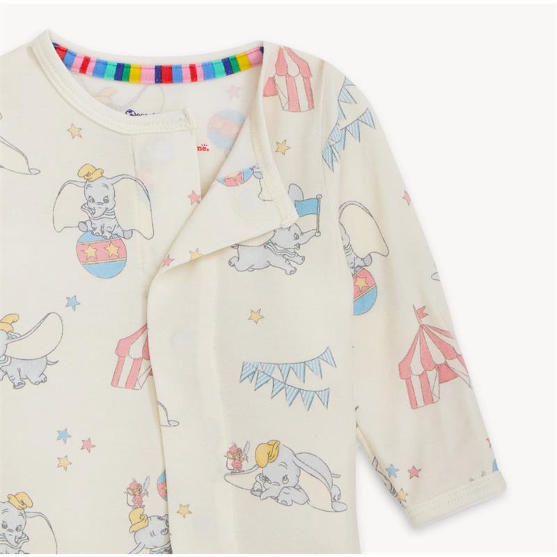 Dumbo-themed modal footie featuring colorful circus designs and a rainbow-striped neckline.
