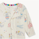Dumbo-themed modal footie featuring colorful circus designs and a rainbow-striped neckline.
