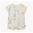 Dumbo Circus modal romper featuring colorful circus-themed illustrations with two pockets and a button closure.